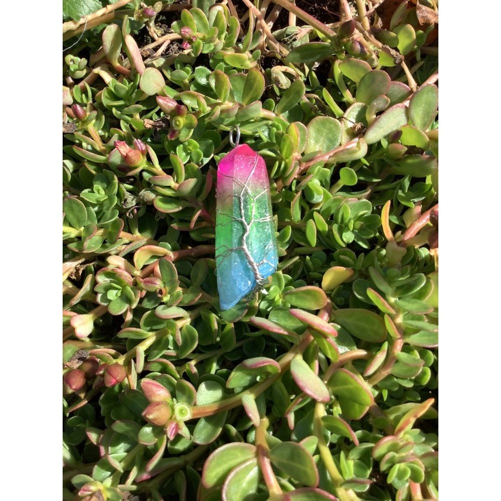 NEW Wire Wrapped‎ Tree of Life Rainbow Aura Quartz Necklace Pendant